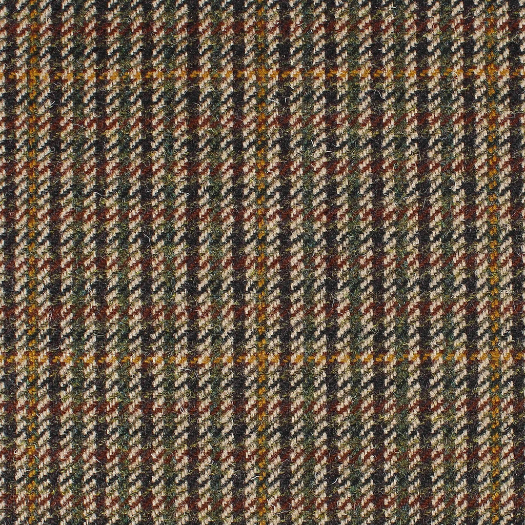 Beige, Green, Navy Blue Dogtooth with Amber Window Pane Check All Wool British Tweed