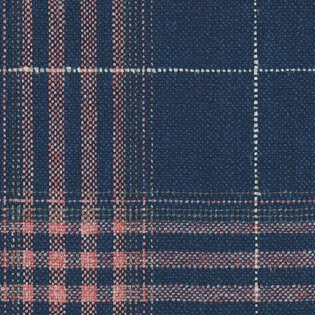 Navy and Coral Plaid Check Wool, Silk & Linen Jacketing by Holland & Sherry
