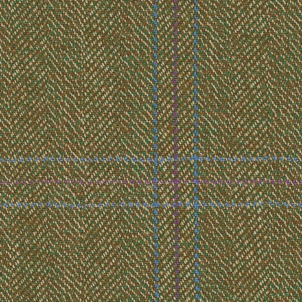 Olive Green Herringbone with Heather & Blue Tramline Windowpane Check Worsted Wool Tweed By Holland & Sherry
