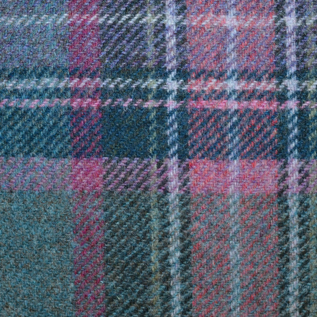 Moss Green with Teal, Pink and Heather Plaid Check All Wool Tweed Coating