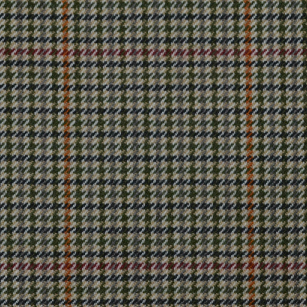 Sage Green and Beige Dogtooth with Red & Orange Window Check All Wool Jacketing