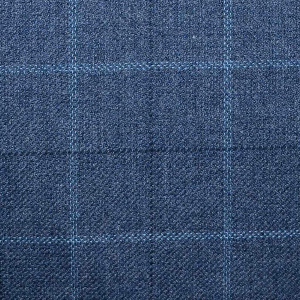 Medium Blue with Light Blue and Navy Blue Multi Check Wool, Cotton & Cashmere