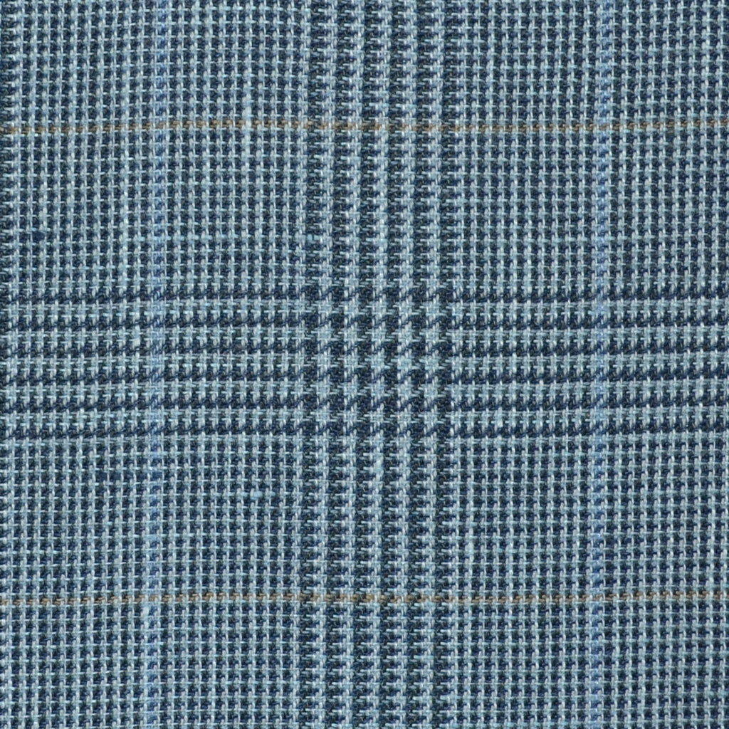 Light Blue and Navy Blue with Light Blue and Tan Prince of Wales Check Wool & Linen