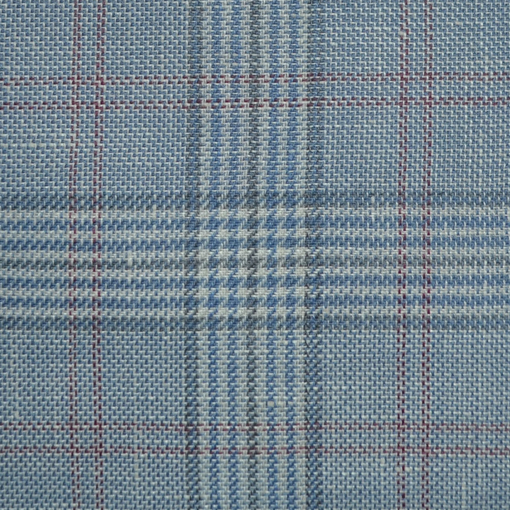 Light Blue and Grey with Red Plaid Check Wool & Linen