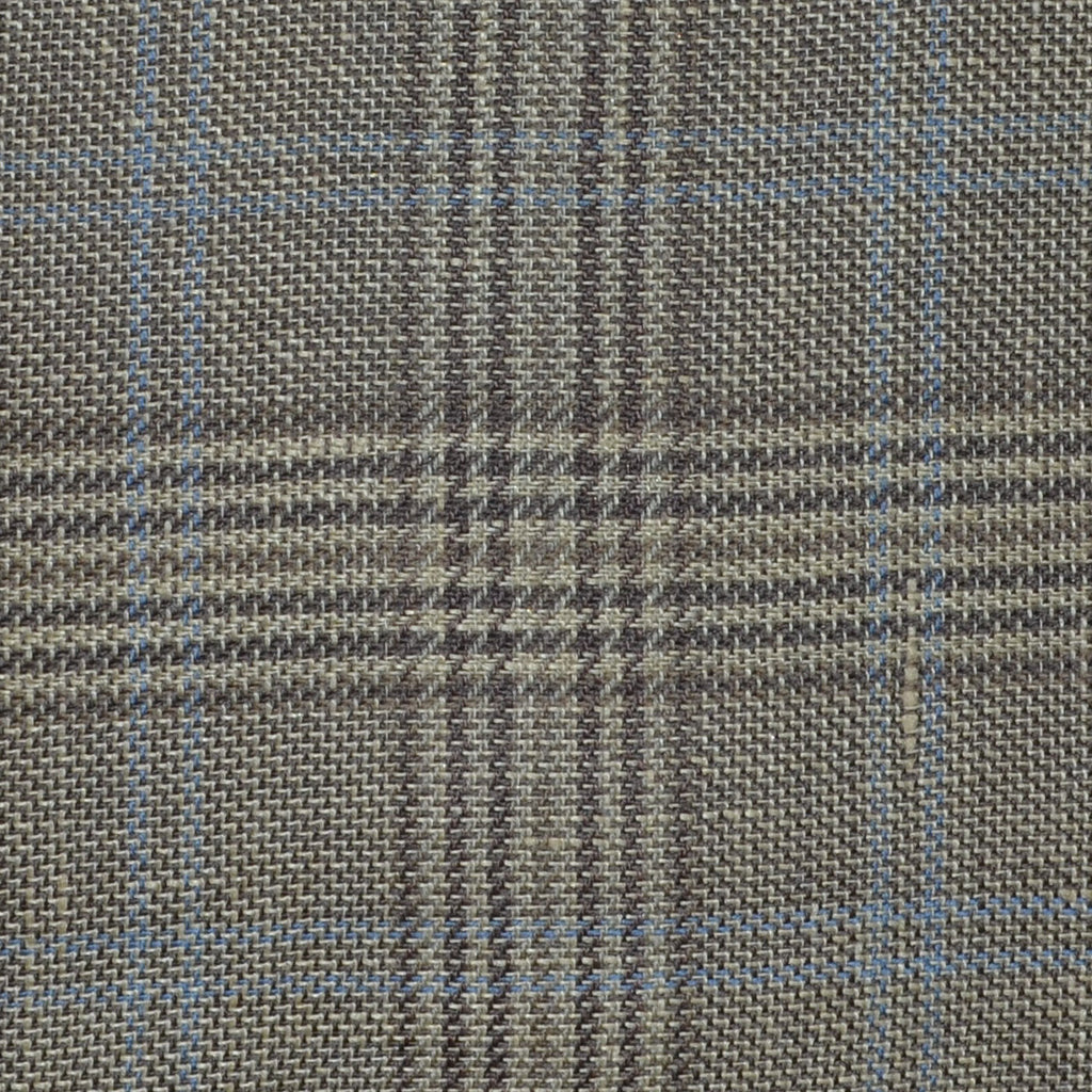 Light Brown and Beige with Blue Plaid Check Wool & Linen
