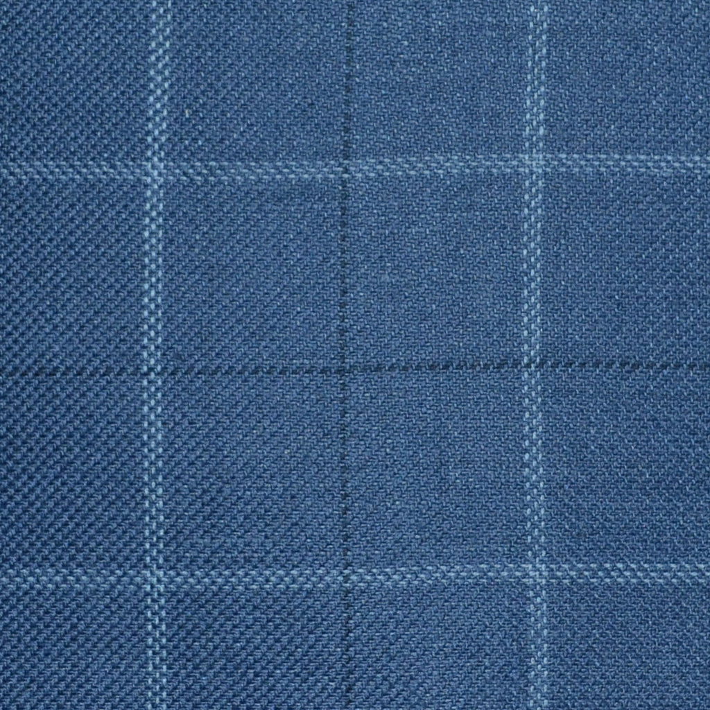Medium Blue with Light Blue and Navy Blue Multi Check Wool & Linen