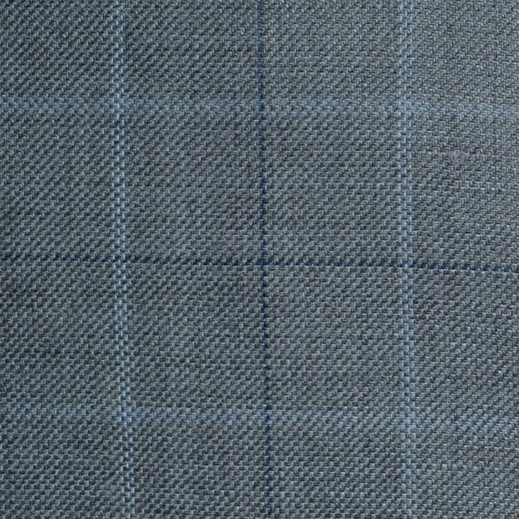 Grey with Light Blue and Navy Blue Multi Check Wool & Linen