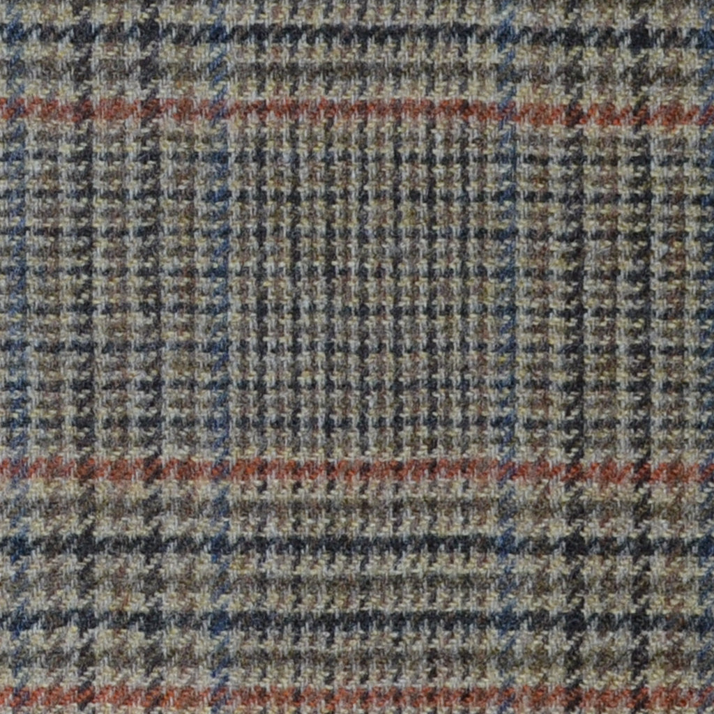 Beige and Brown with Moss Green, Orange and Blue Dogtooth Check Lambswool & Cashmere Jacketing