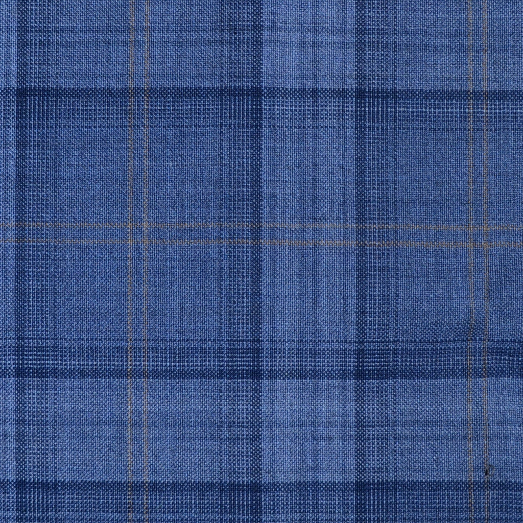 Medium Blue with Navy Blue & Tan Check Super 120's Wool Italian Suiting - 3.50 Metres
