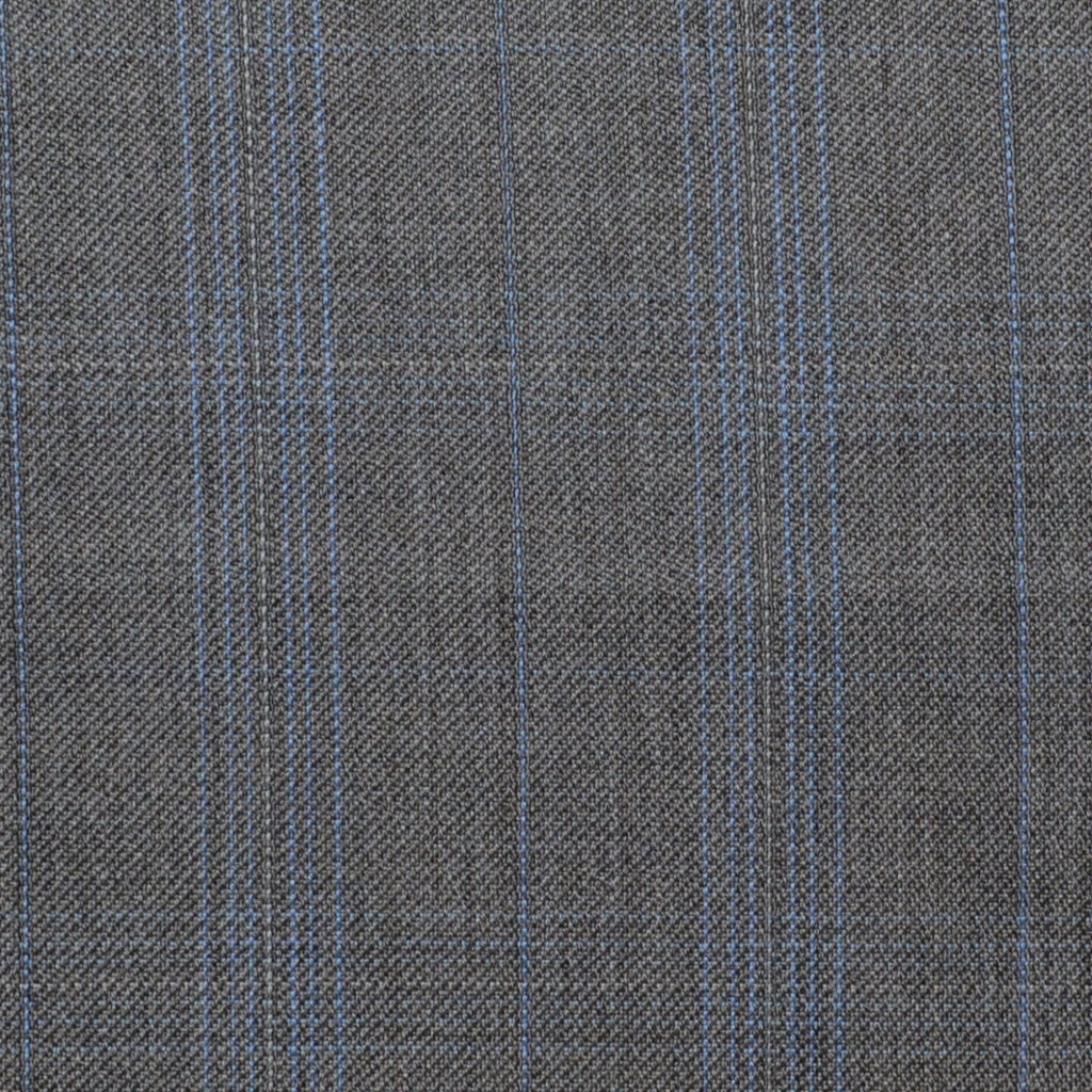 Light Grey/Brown with Blue and Tan Multi Check All Wool Suiting - 2.75 Metres