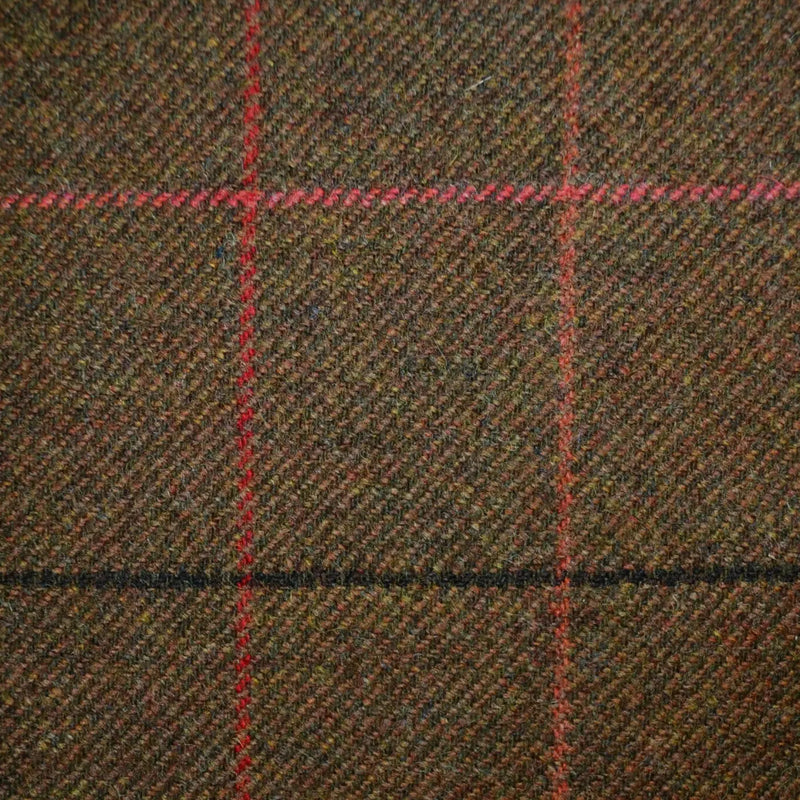 Medium Brown with Dark Brown, Coral and Orange Check All Wool Tweed