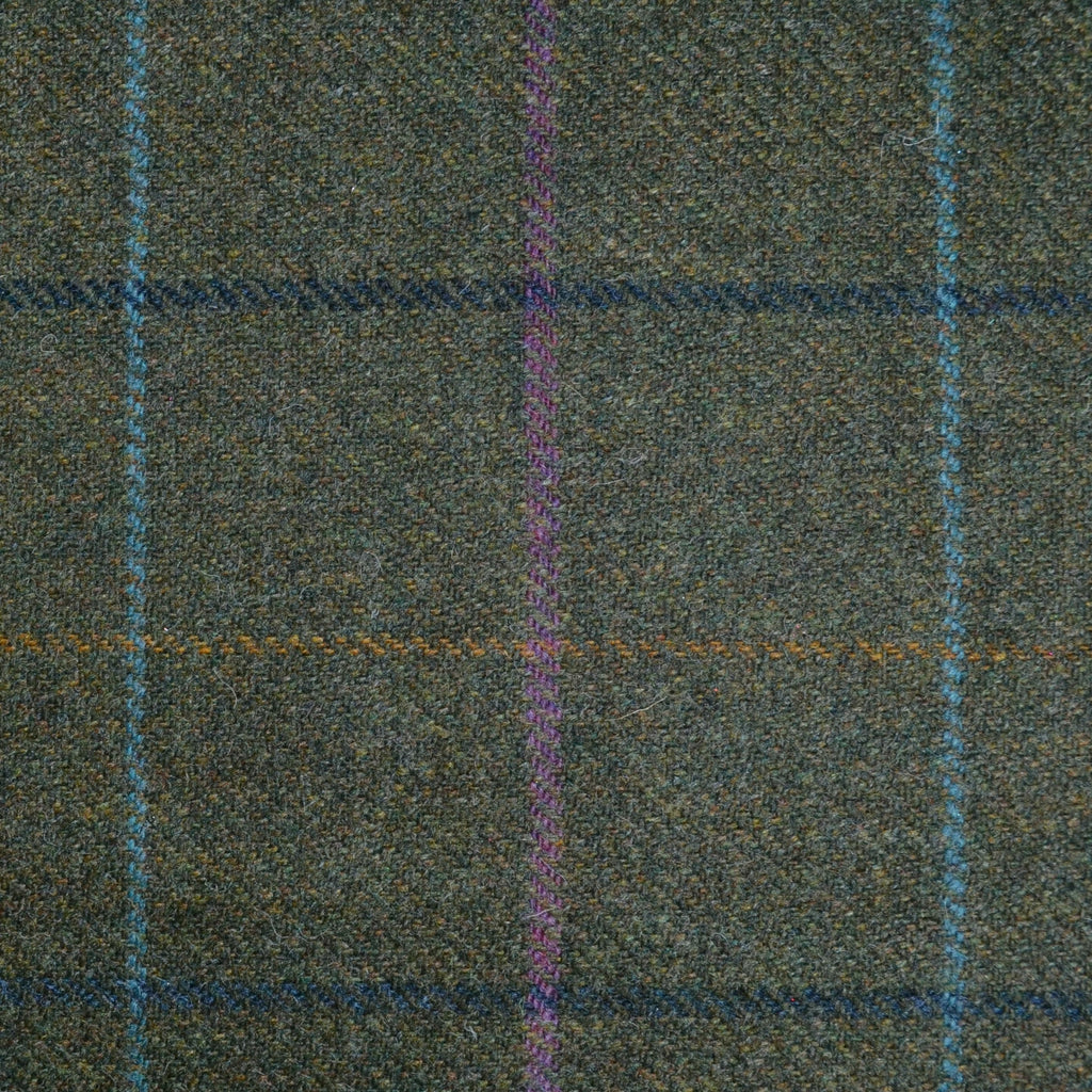 Moss Green with Sea Green, Tan, Purple and Navy Blue Multi Check All Wool Tweed