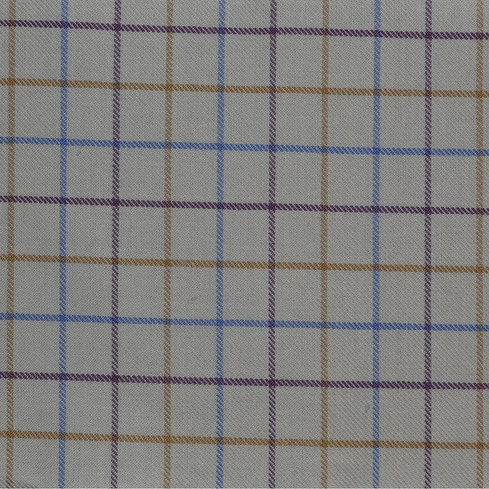 White with Blue, Tan & Purple Check Cotton Shirting Yorkshire Fabric