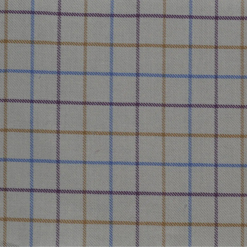 White with Blue, Tan & Purple Check Cotton Shirting Yorkshire Fabric