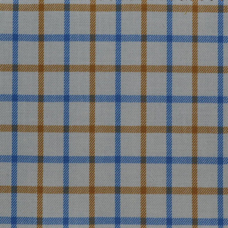 White with Blue & Tan Check Cotton Shirting Yorkshire Fabric