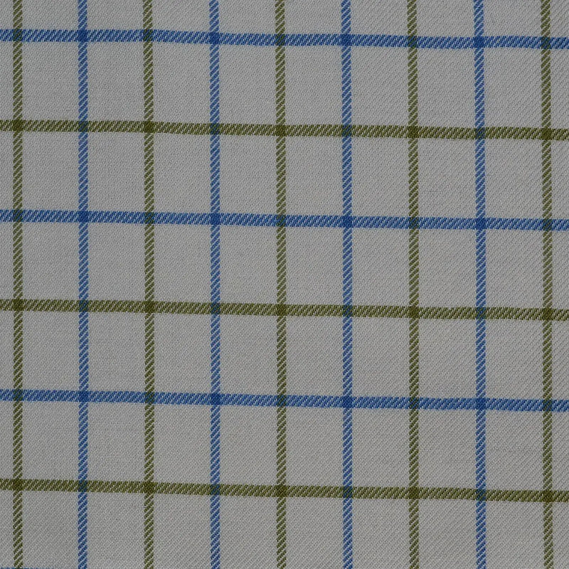White with Blue & Olive Green Check Cotton Shirting Yorkshire Fabric