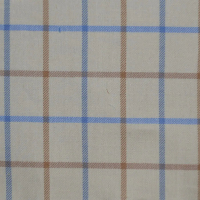 White with Tan & Sky Blue Check Cotton Shirting Yorkshire Fabric