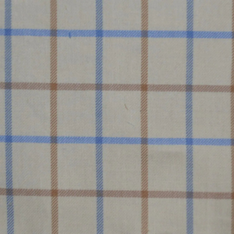 White with Tan & Sky Blue Check Cotton Shirting Yorkshire Fabric