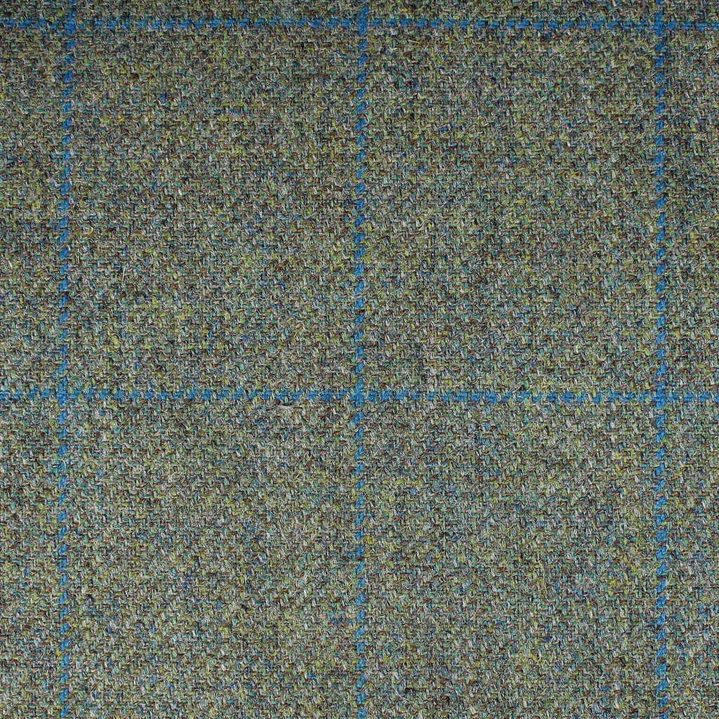 Grey/Moss Green with Bright Blue Window Pane Check All Wool British Tweed