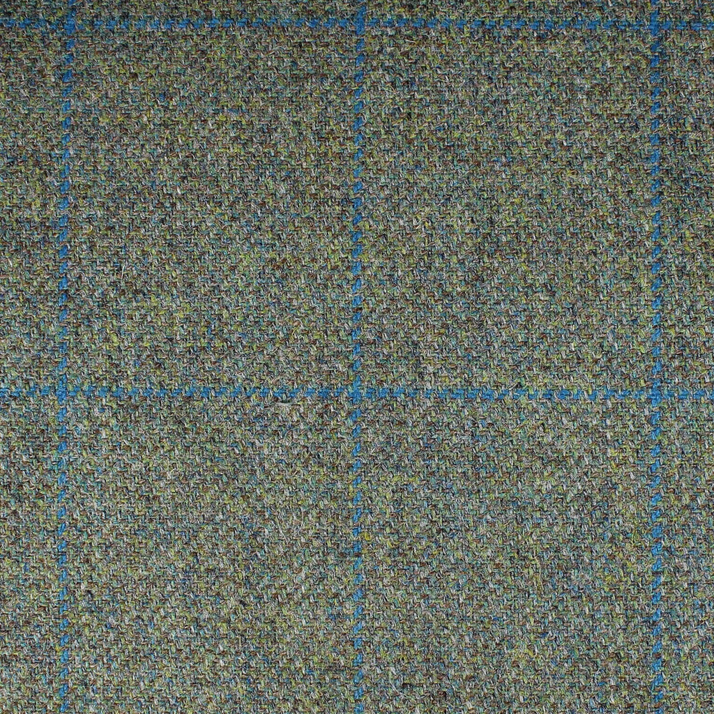 Grey/Moss Green with Bright Blue Window Pane Check All Wool British Tweed