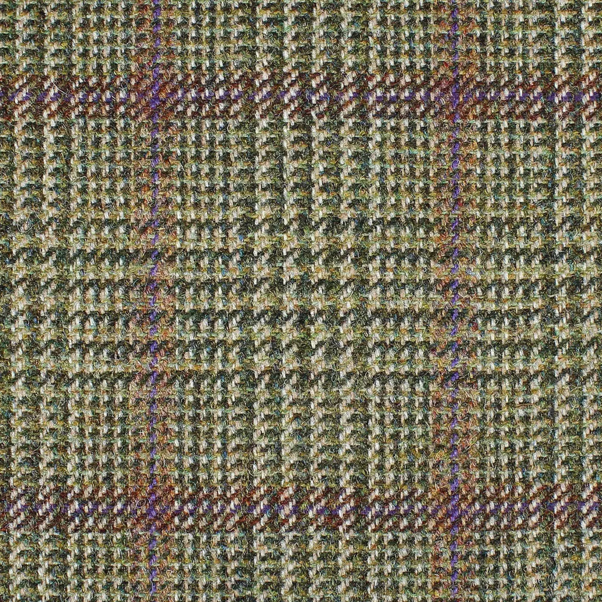 Moss Green with Burgundy, Orange and Purple Plaid Check All Wool British Tweed