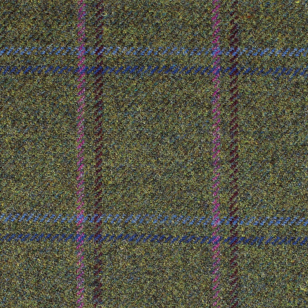 Moss Green with Purple, Pink, Blue and Burgundy Multi Check All Wool British Tweed