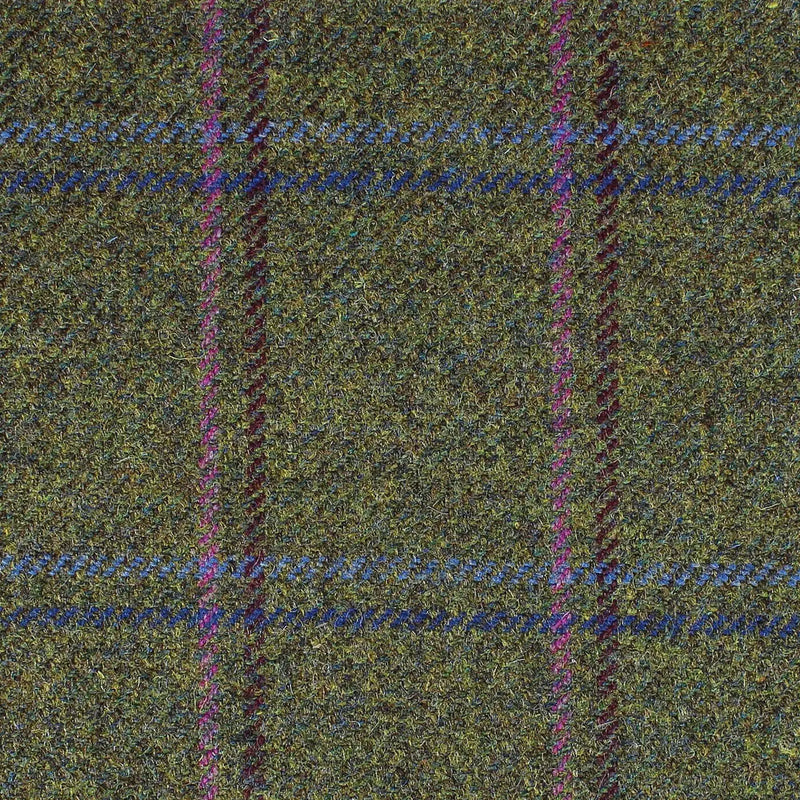 Moss Green with Purple, Pink, Blue and Burgundy Multi Check All Wool British Tweed