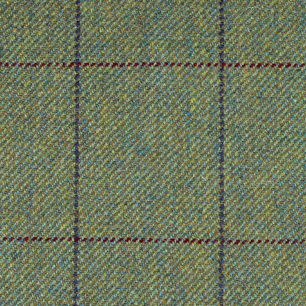 Green with Wine and Navy Blue Window Pane Check All Wool British Tweed