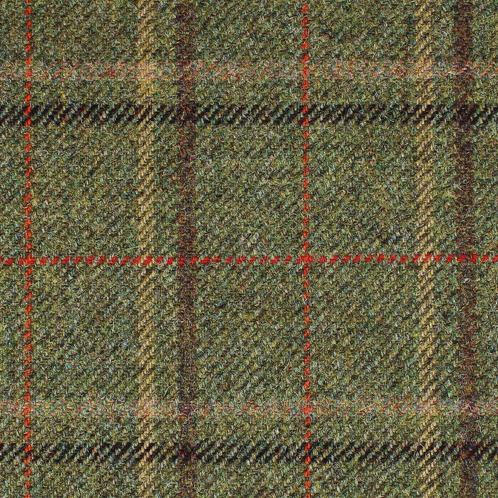 Moss Green with Brown, Red, Orange and Sand Multi Check All Wool British Tweed