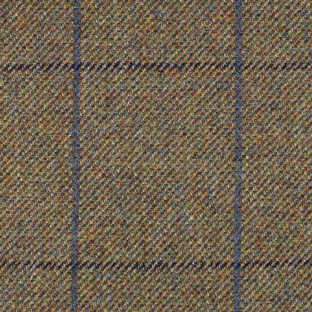 Moss Green with Sea Blue and Navy Blue Window Pane Check All Wool British Tweed