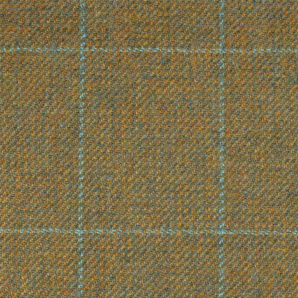 Moss Green and Mustard with Sky Blue Window Pane Check All Wool British Tweed