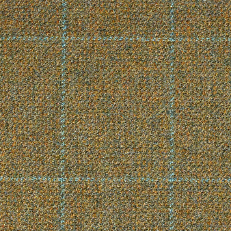 Moss Green and Mustard with Sky Blue Window Pane Check All Wool British Tweed