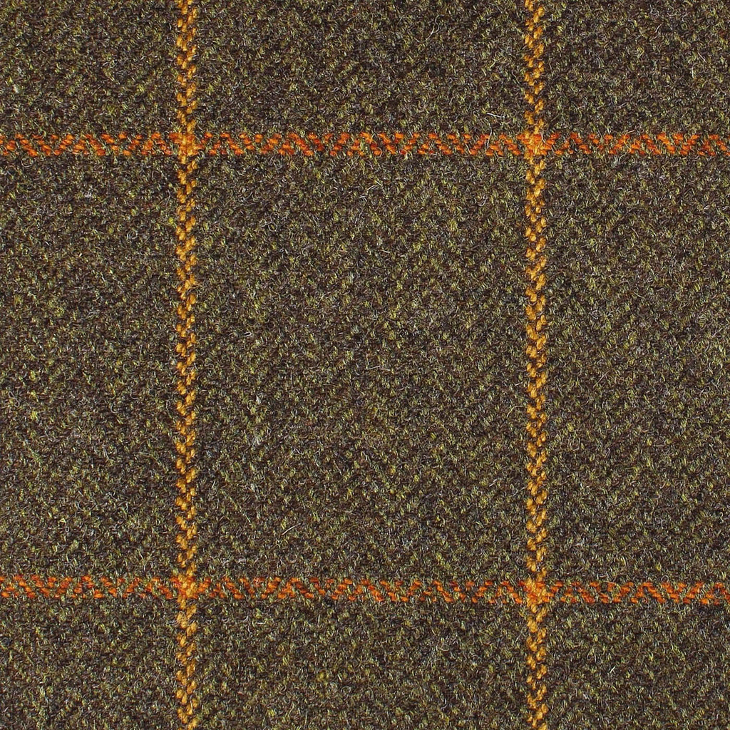 Woodland Brown Herringbone with Amber and Orange Window Pane Check All Wool British Tweed