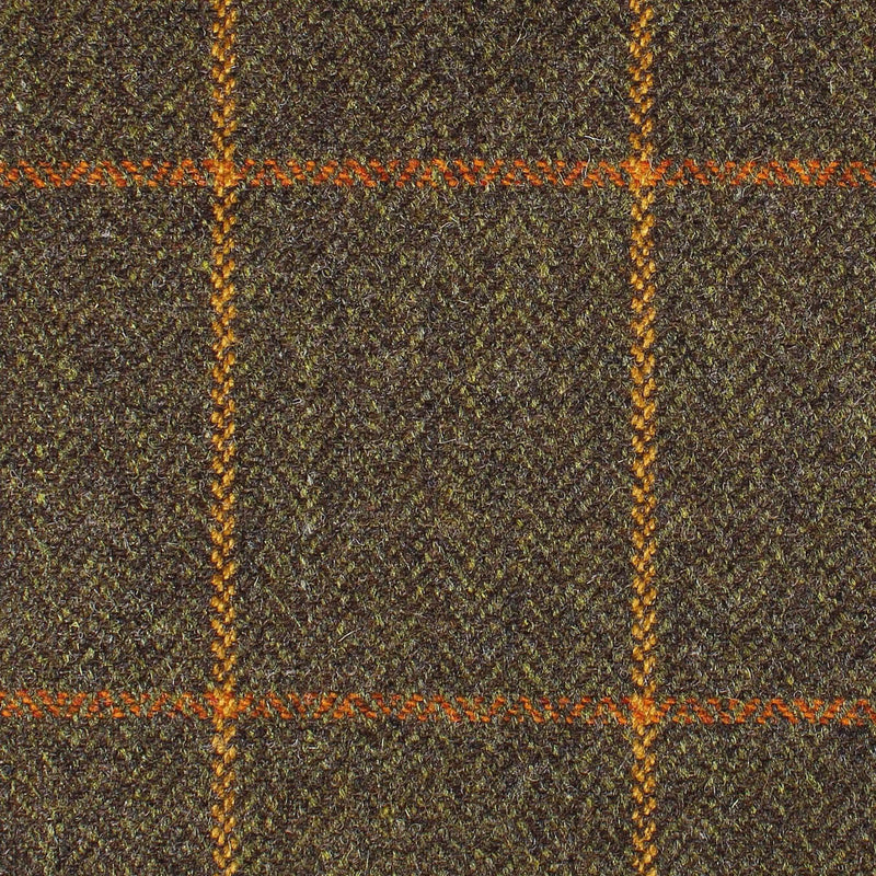 Woodland Brown Herringbone with Amber and Orange Window Pane Check All Wool British Tweed