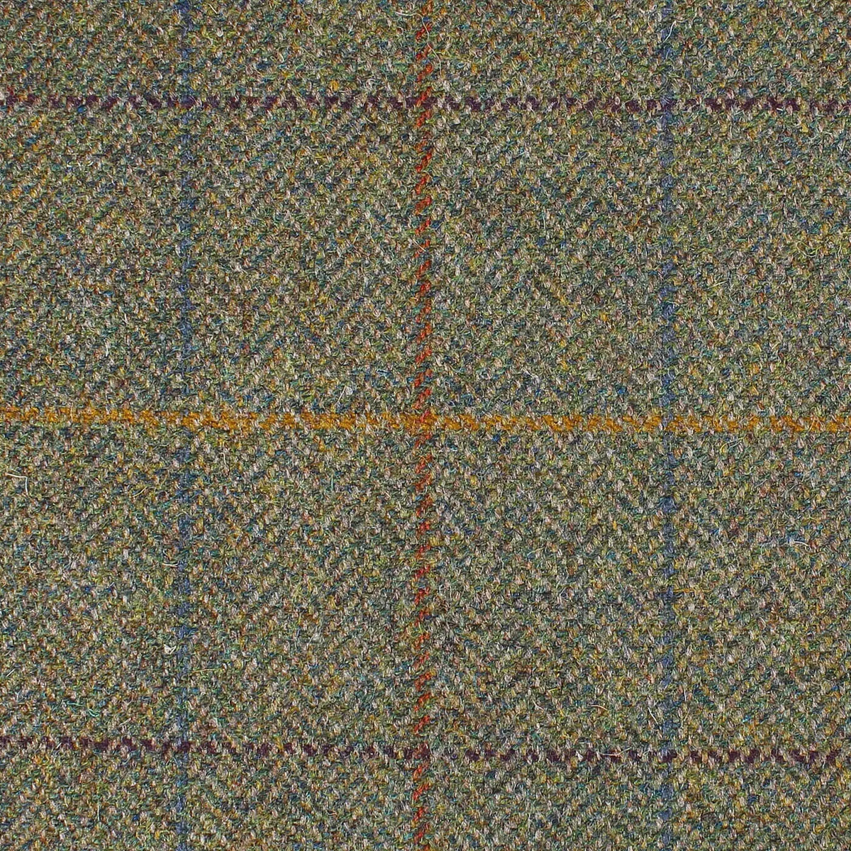 Moss Green Herringbone with Orange, Mustard, Sea Blue and Burgundy Multi Check All Wool British Tweed