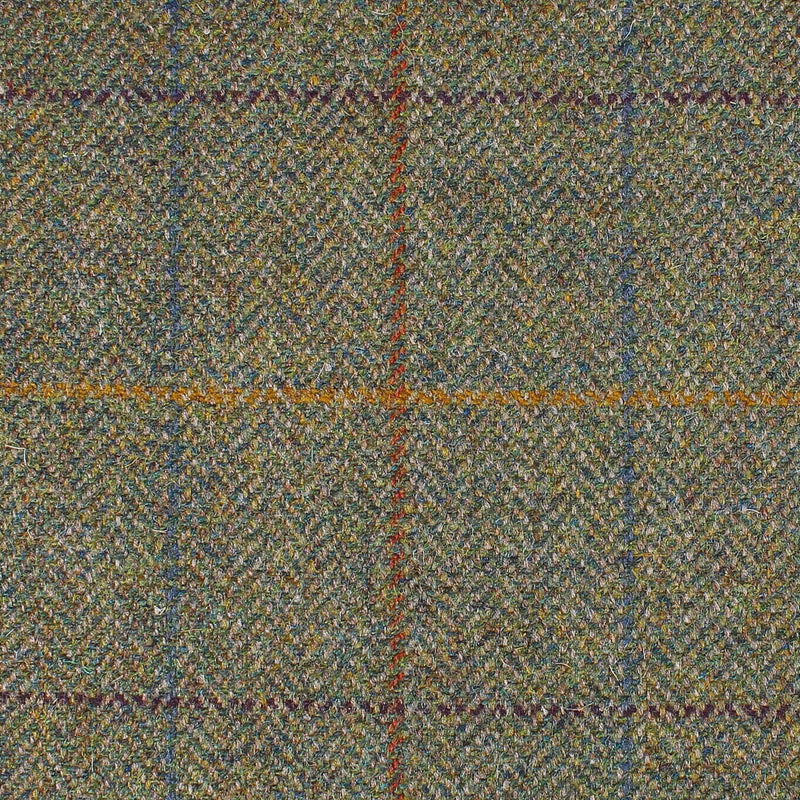Moss Green Herringbone with Orange, Mustard, Sea Blue and Burgundy Multi Check All Wool British Tweed