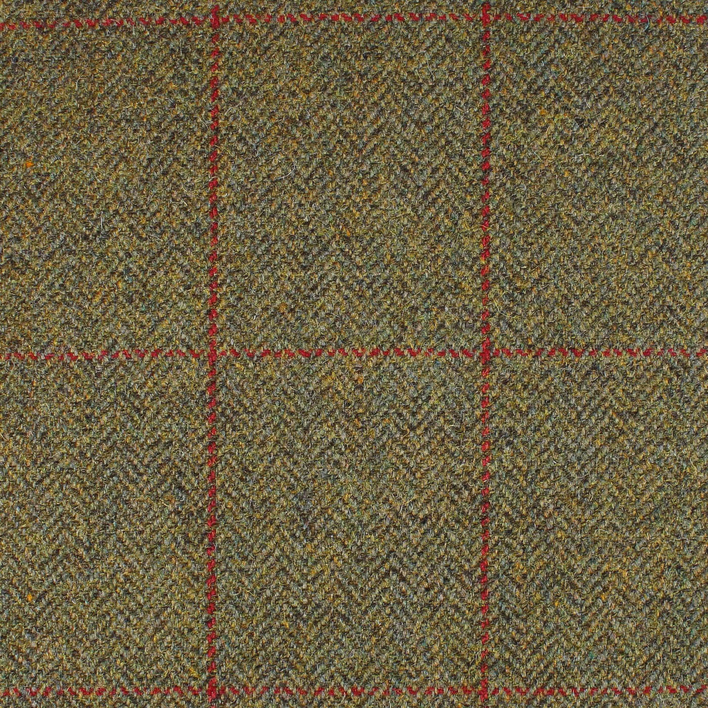 Moss Green and Sand Herringbone with Red and Orange Check All Wool British Tweed