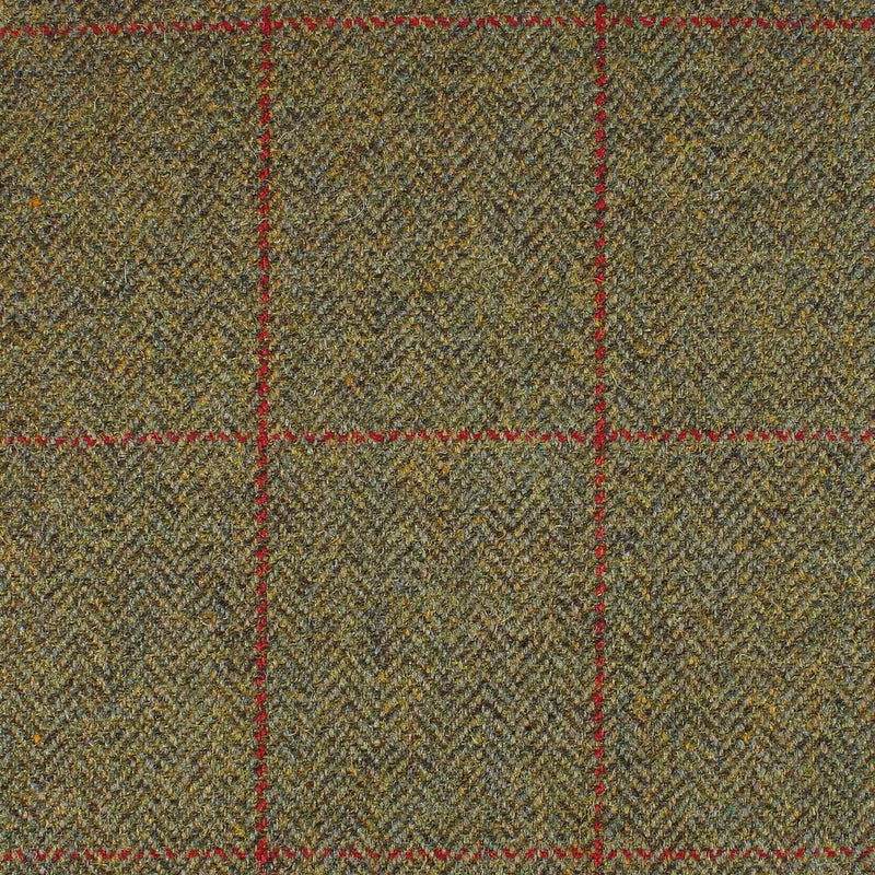 Moss Green and Sand Herringbone with Red and Orange Check All Wool British Tweed