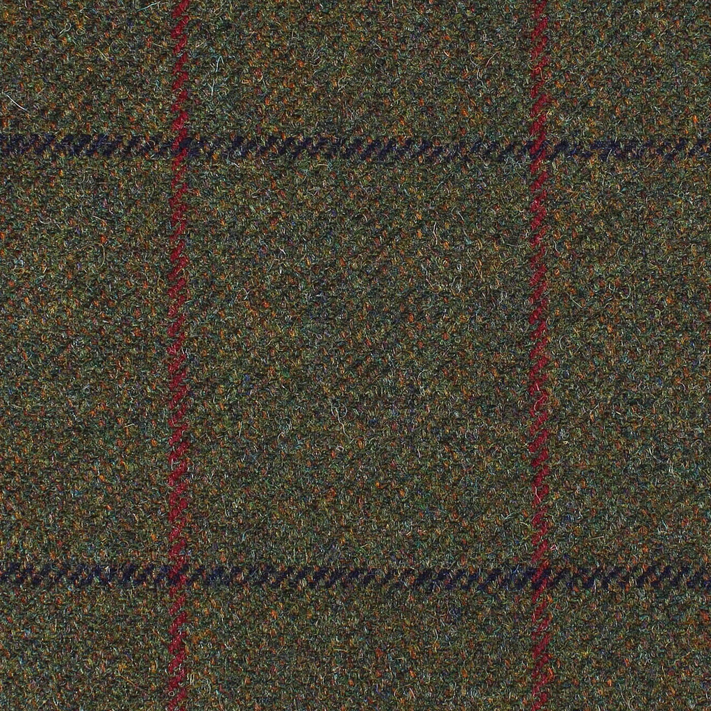 Moss Green with Navy Blue and Wine Window Pane Check All Wool British Tweed
