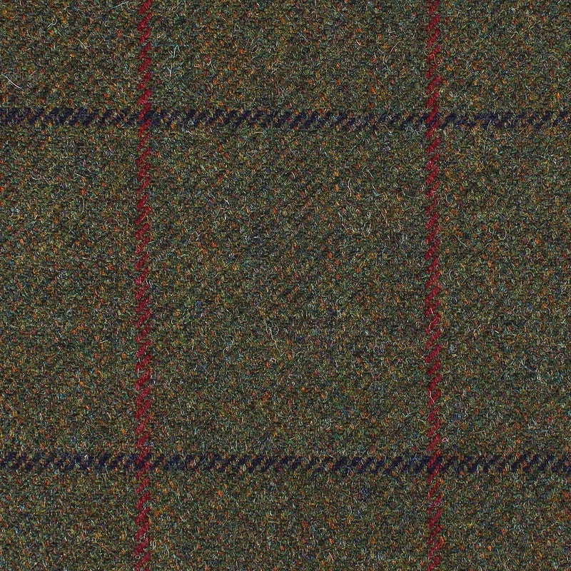 Moss Green with Navy Blue and Wine Window Pane Check All Wool British Tweed