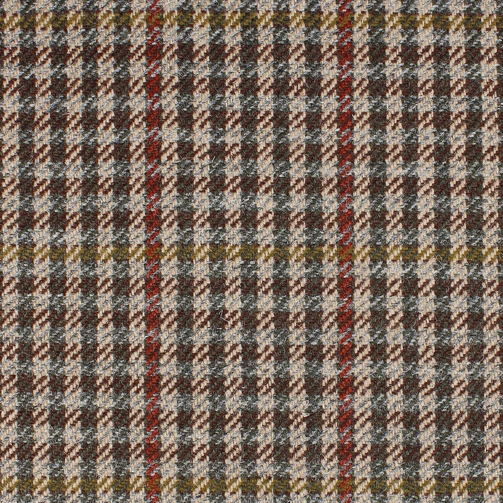 Beige, Brown and Green with Red and Mustard Gun Check All Wool British Tweed
