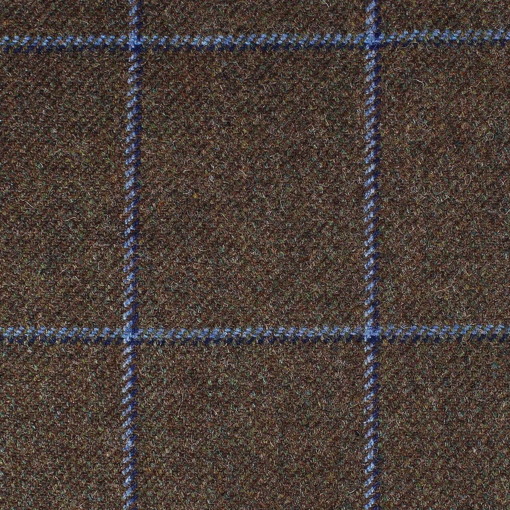 Brown with Navy Blue and Sky Blue Window Pane Check All Wool British Tweed