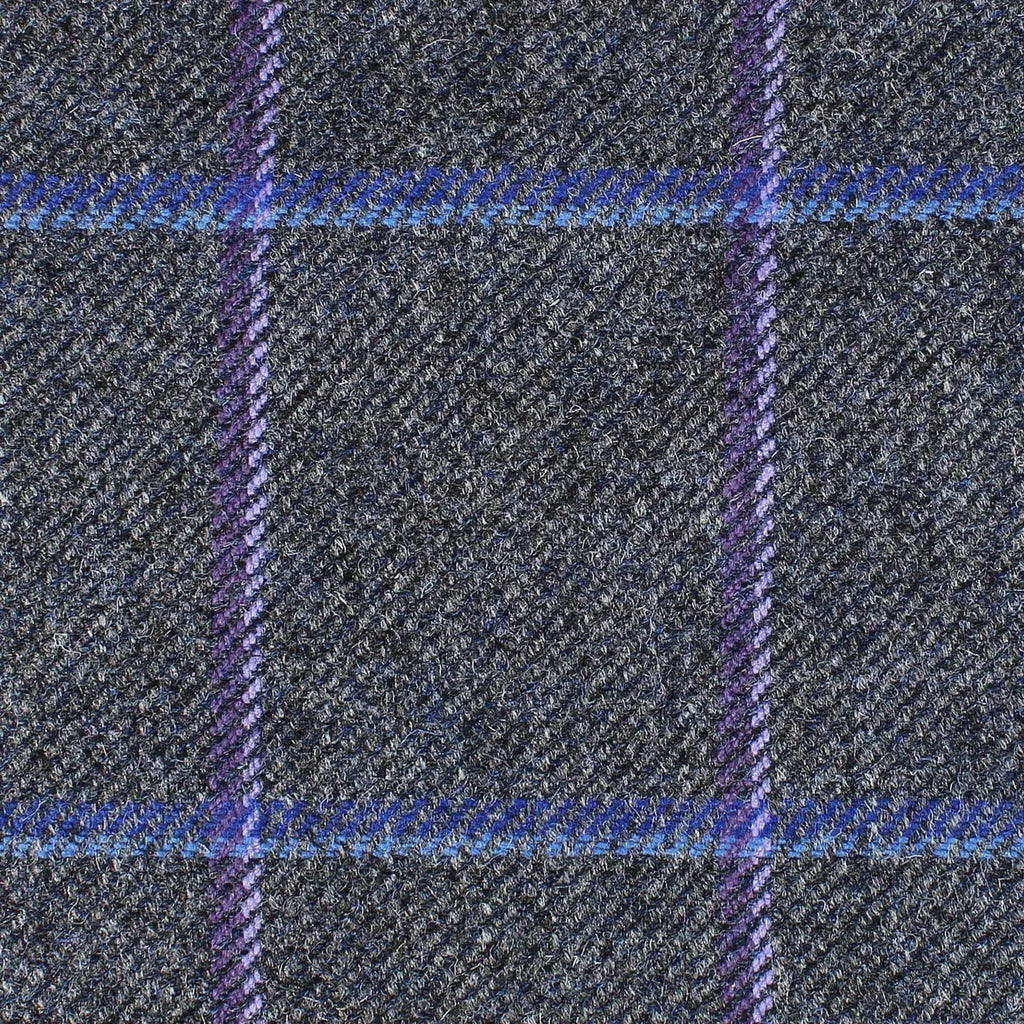 Medium Grey with Purple, Lilac, Royal Blue and Sky Blue Window Pane Check All Wool British Tweed