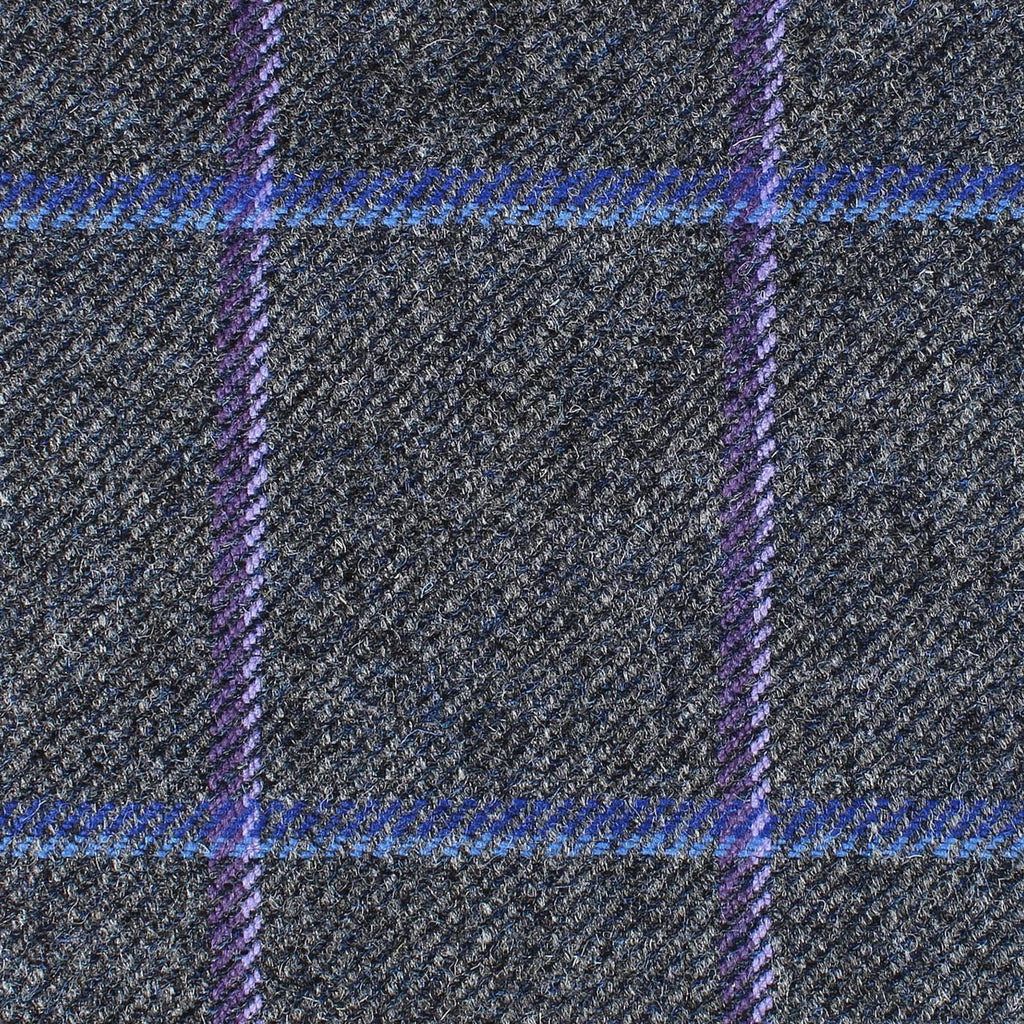 Medium Grey with Purple, Lilac, Royal Blue and Sky Blue Window Pane Check All Wool British Tweed