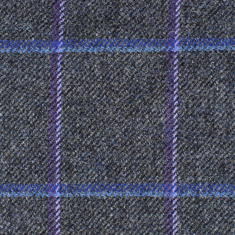 Medium Grey with Purple, Lilac, Royal Blue and Sky Blue Window Pane Check All Wool British Tweed