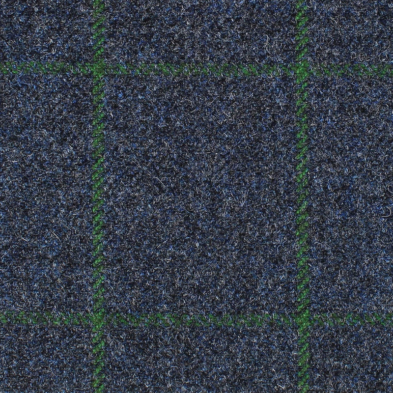 Dark Grey/Navy Blue Herringbone with Green Window Pane Check All Wool British Tweed