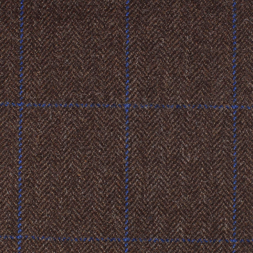 Brown Herringbone with Navy Blue and Royal Blue Window Pane Check All Wool British Tweed