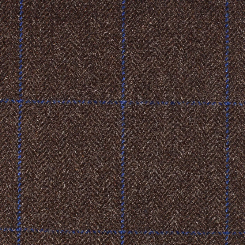 Brown Herringbone with Navy Blue and Royal Blue Window Pane Check All Wool British Tweed