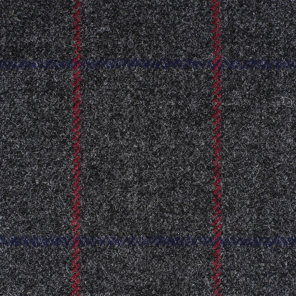Dark Grey Herringbone with Red and Navy Blue Window Pane Check All Wool British Tweed