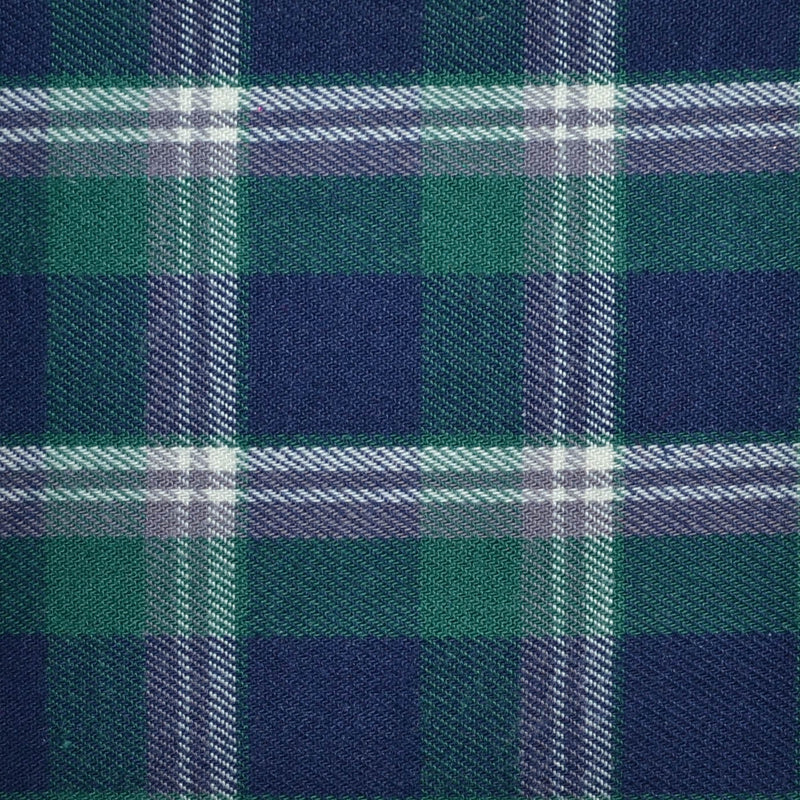 Navy Blue, White and Emerald Green Plaid Check Brushed Check Cotton Shirting